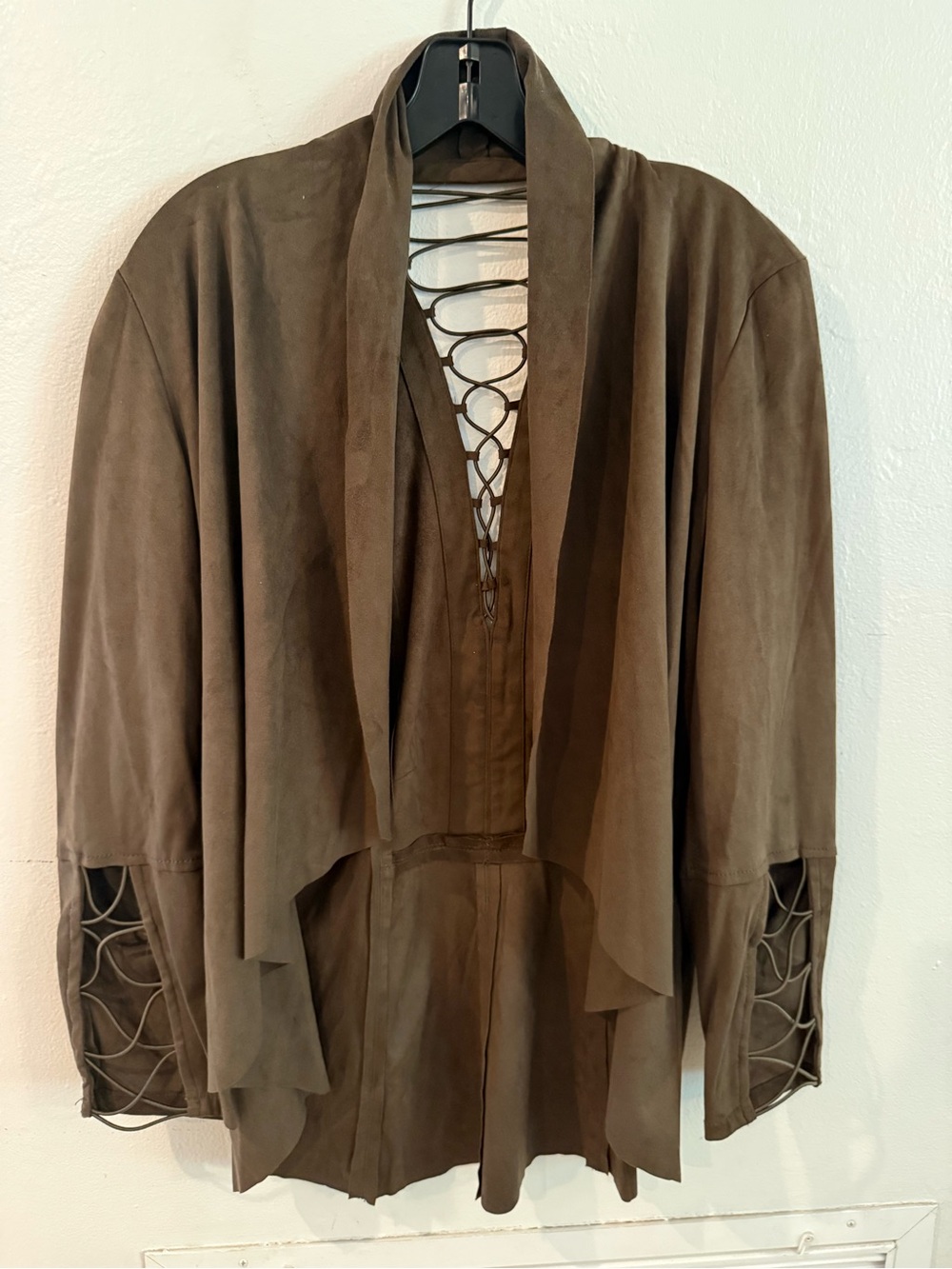 Women’s Olive Suede Open-Front Jacket with Lace Details